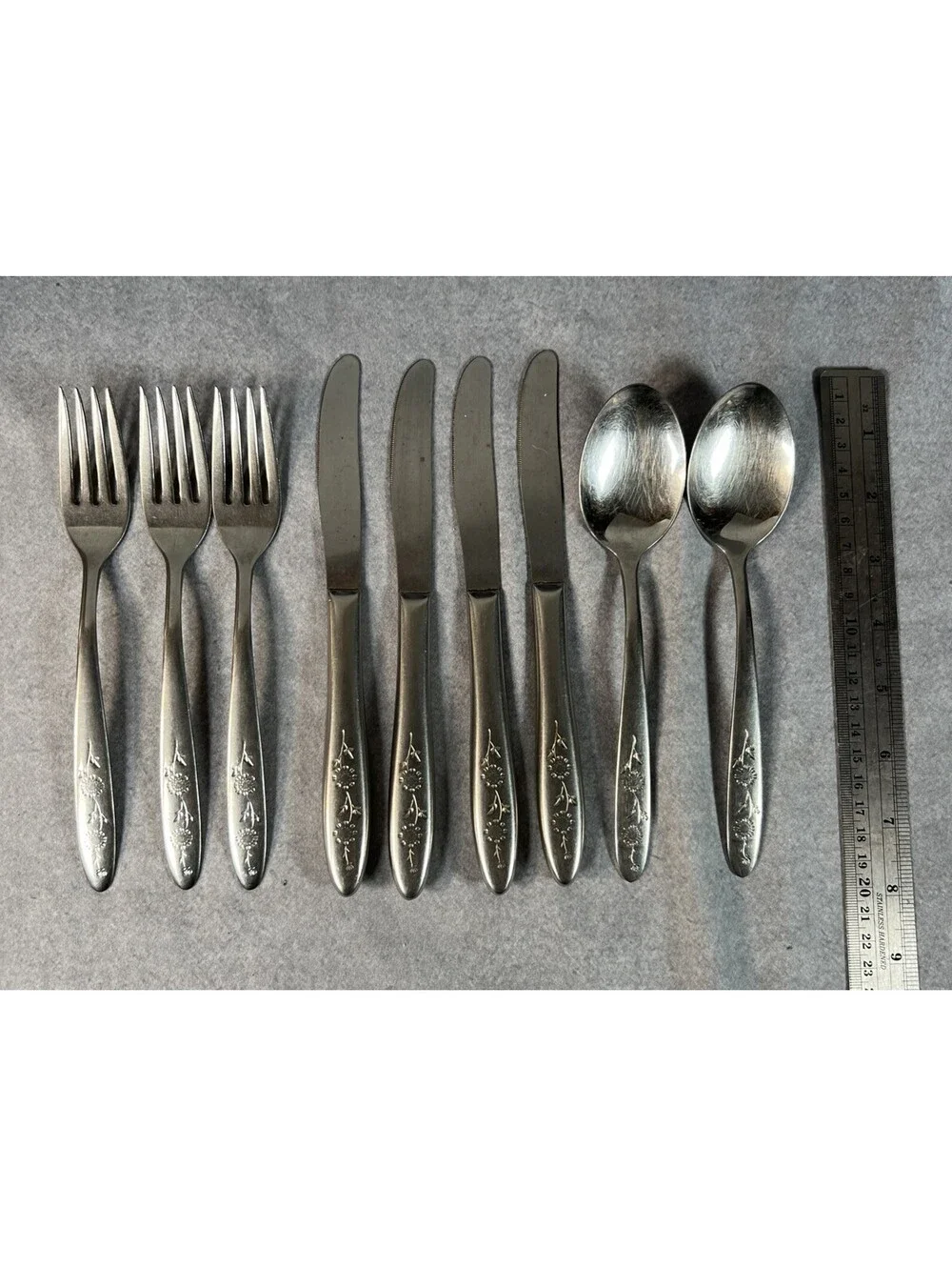 Wood Dale Stainless Steel Flatware Set, 3 Fork, 4 Knife, 2 spoon Floral Design